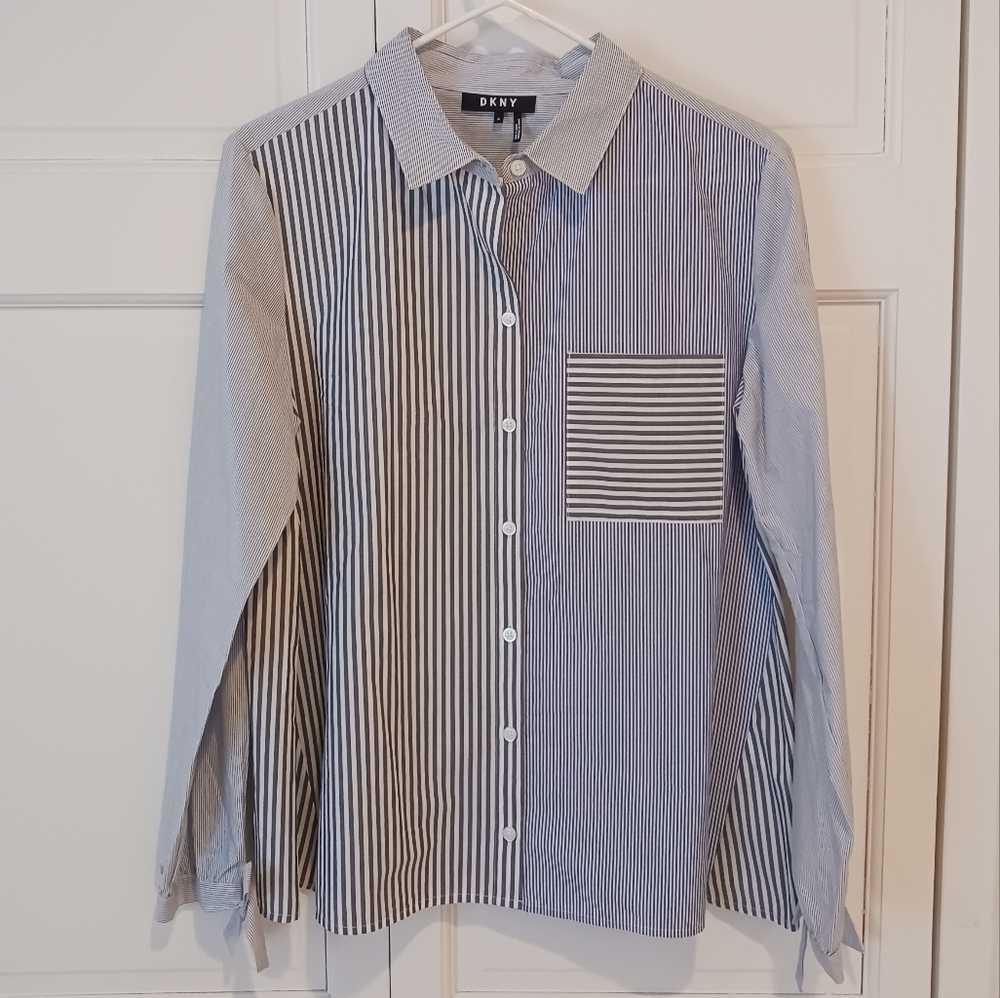 DKNY Women’s Blue & White Striped Button-Up Shirt